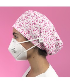 Gorro Pelo Largo con botones - Corazones rosa sobre blanco